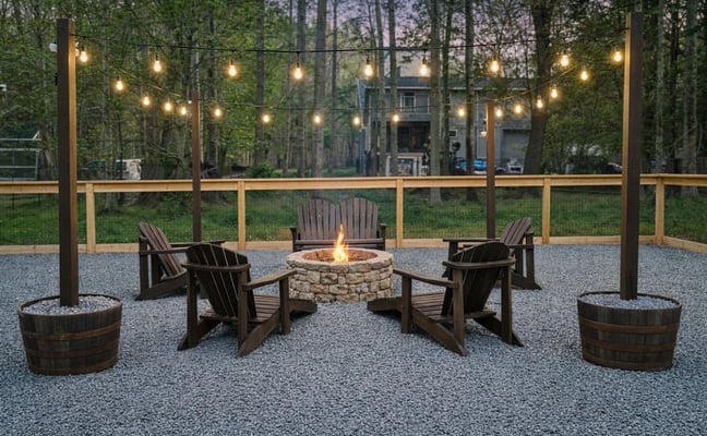 Outdoor patio with stone fire pit, Adirondack chairs, string lights, wooden railing, and forested backdrop at dusk.